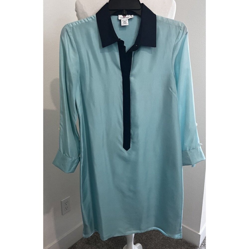Vineyard Vines Seafoam Silk Shirt Dress Women's Size 4 Roll Tab Sleeve Option